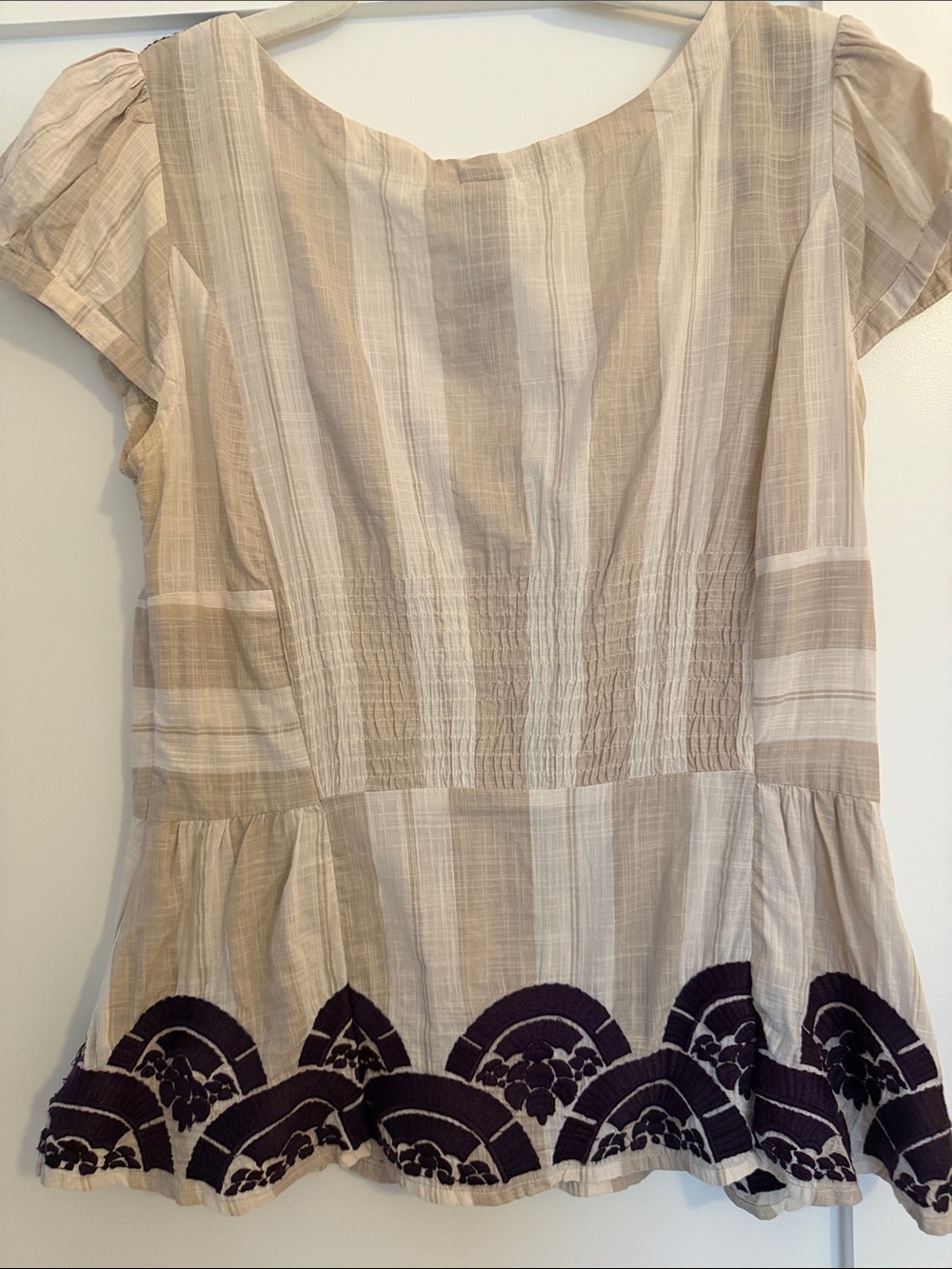 Beige & Purple Embroidered V-Neck Peplum Top - Picture 8 of 9